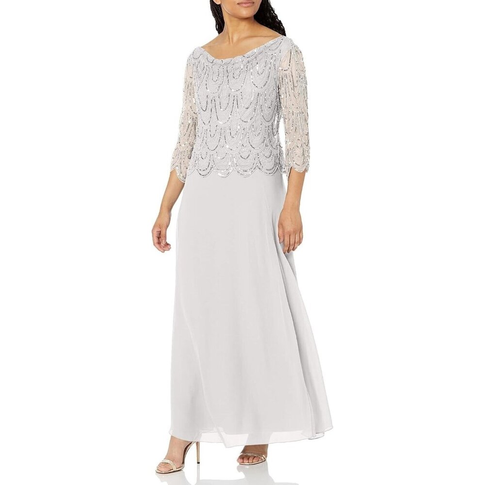 J Kara Women's 3/4 Sleeve with Scallop Beaded Pop Over Gown Grey 6 PETITE NWT